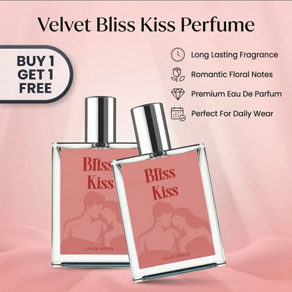 Two bottles of 'Bliss Kiss' perfume with product details on a pink background