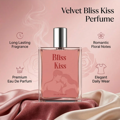 Perfume bottle labeled 'Bliss Kiss' with product features on a pink background