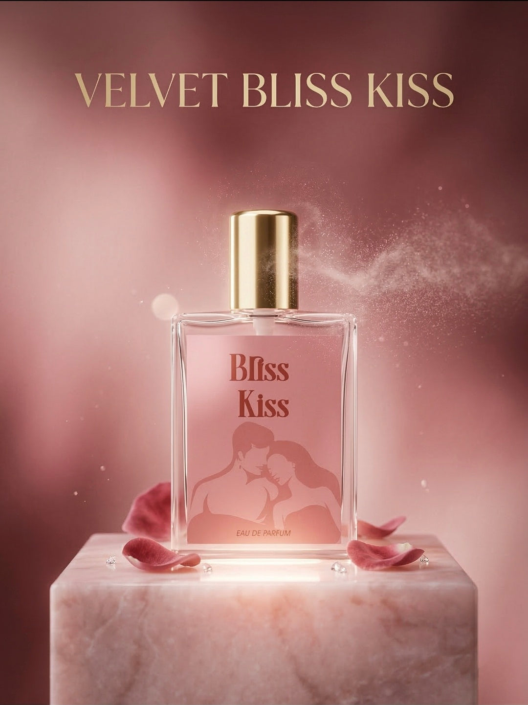 Perfume bottle labeled 'Bliss Kiss' with a gold cap on a pink background