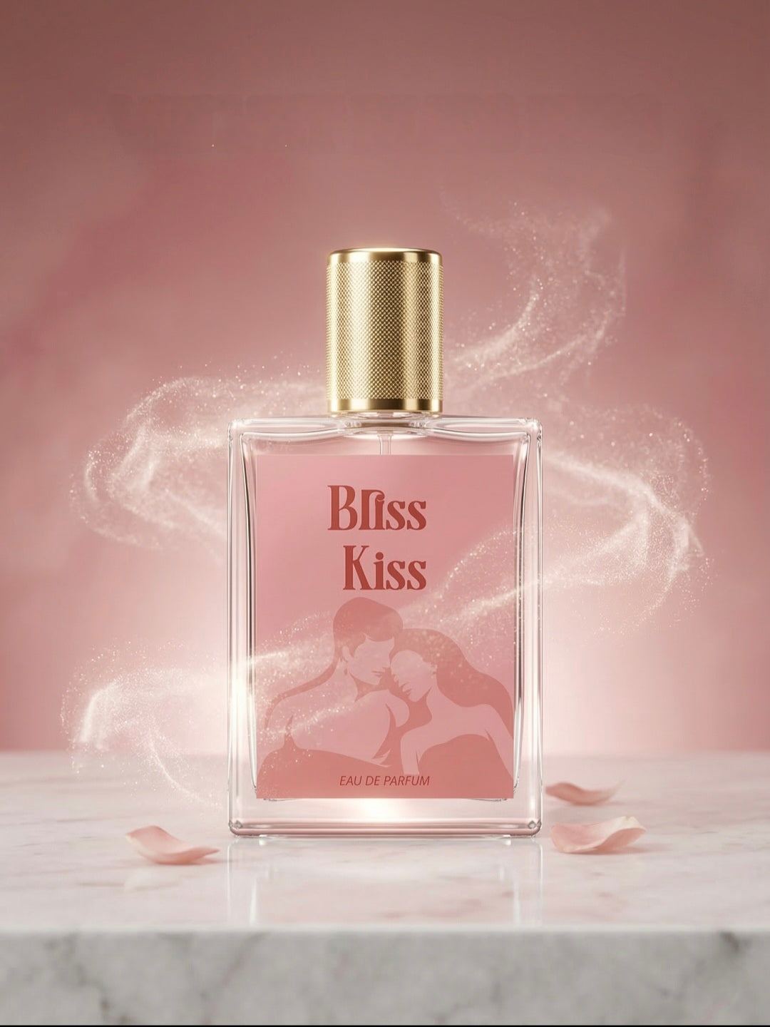 Perfume bottle labeled 'Bliss Kiss' with a pink label on a marble surface and pink background.