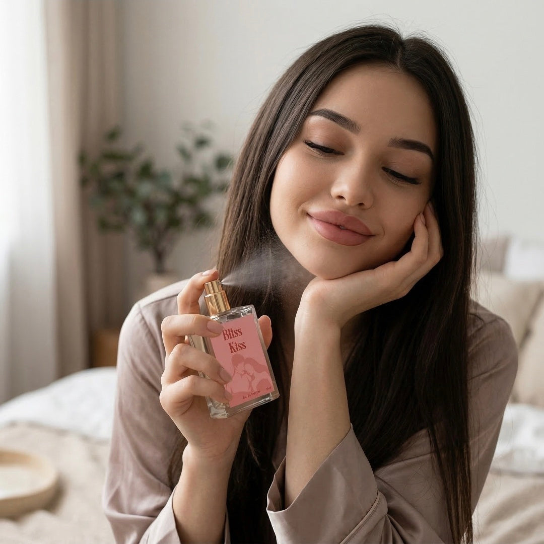 Woman applying perfume with a pink bottle labeled 'Bless Kiss' indoors.