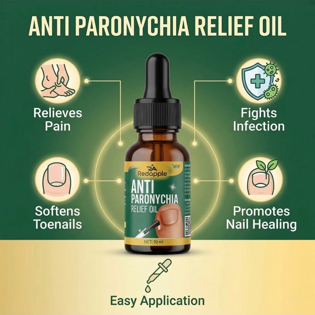 Anti paronychia relief oil bottle with benefits on a green and beige background