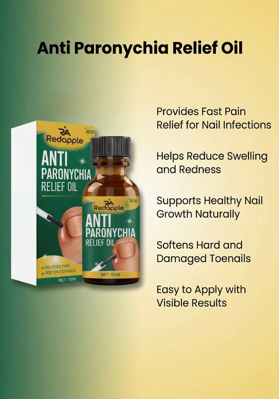Anti Paronychia Relief Oil packaging with product and box on a gradient background