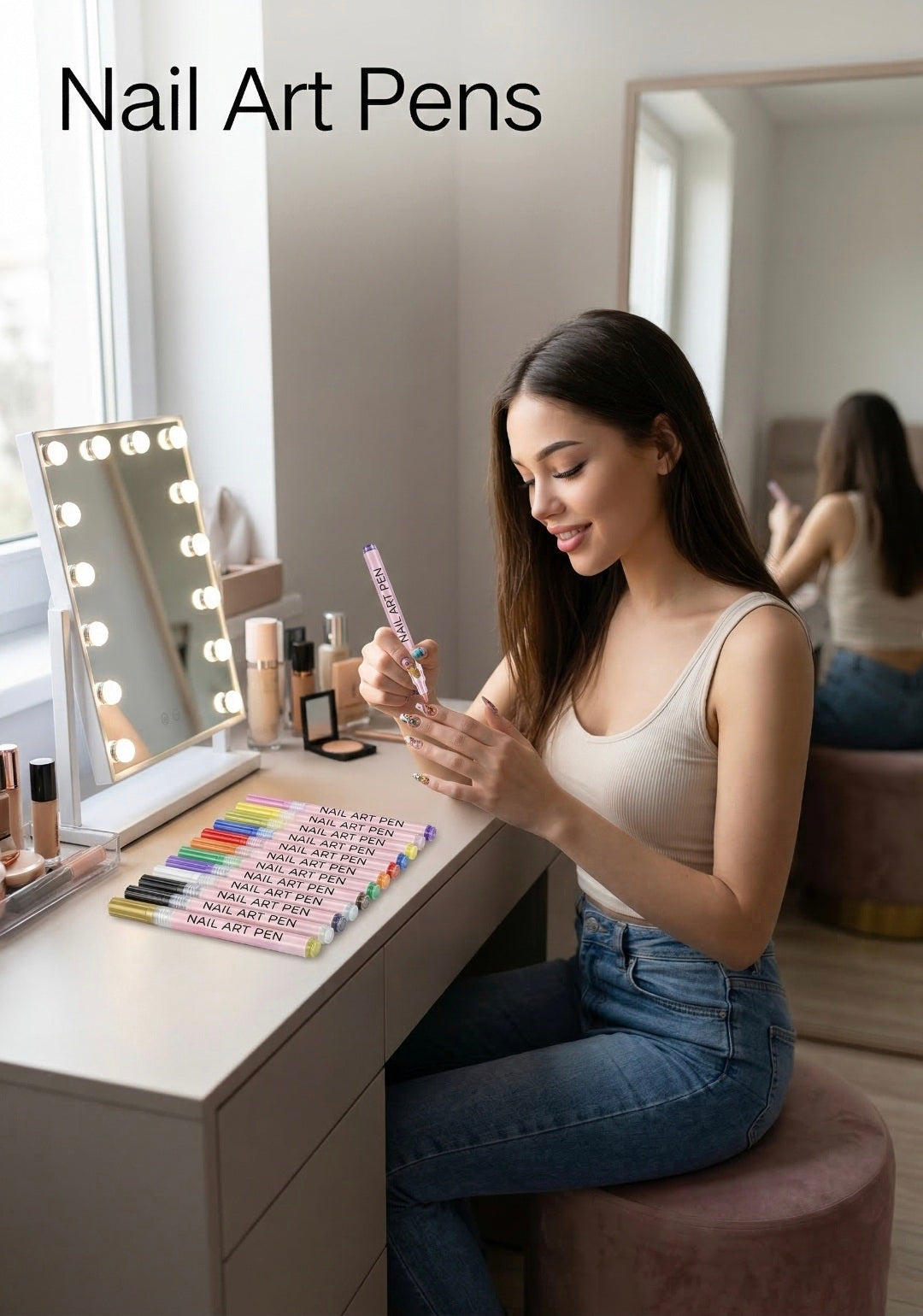 Woman using nail art pens at a vanity with a mirror and various products.