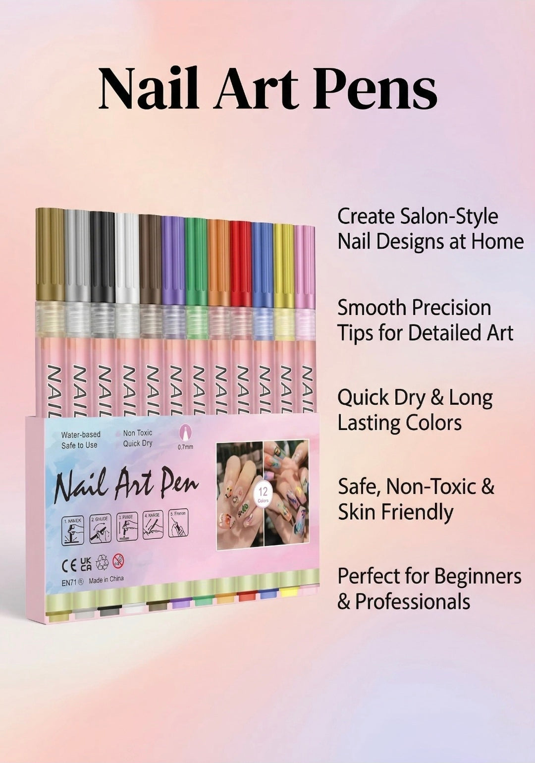 Nail art pens with packaging on a gradient background