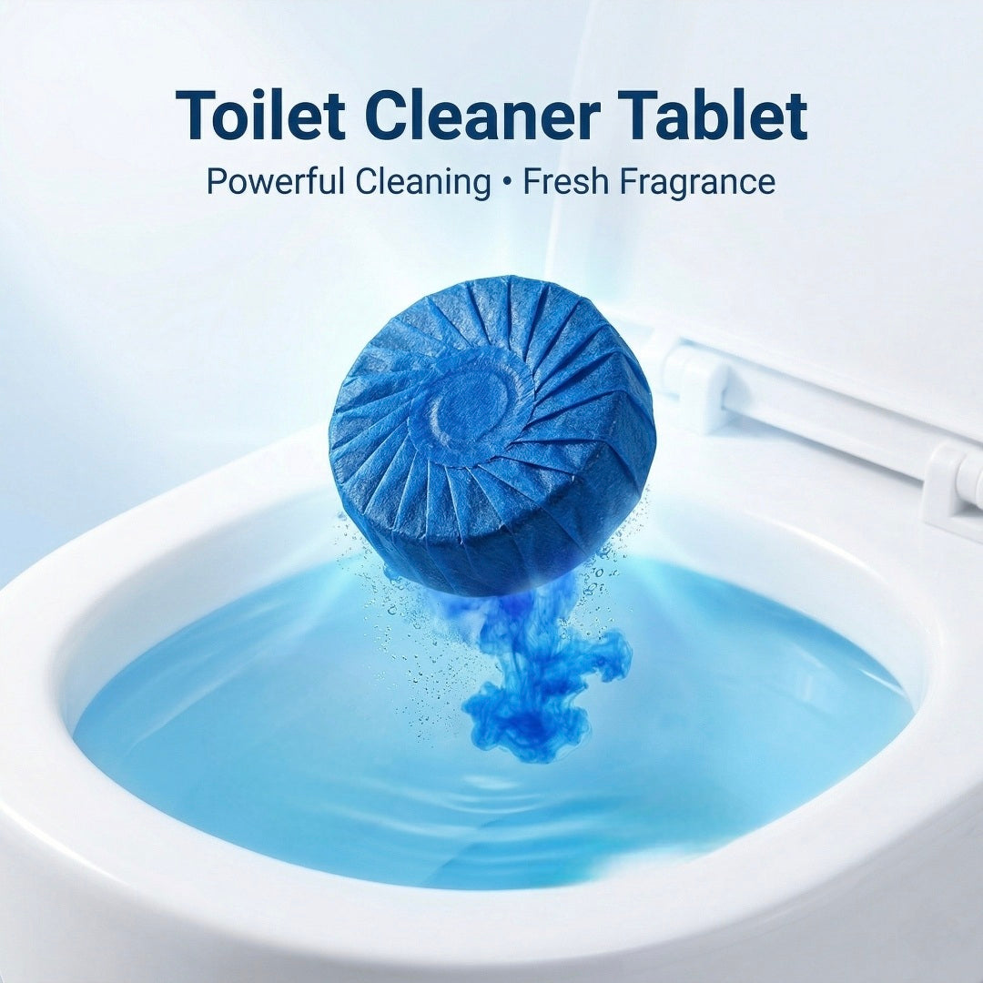 Toilet cleaner tablet being dropped into a toilet bowl with water splashing around it.