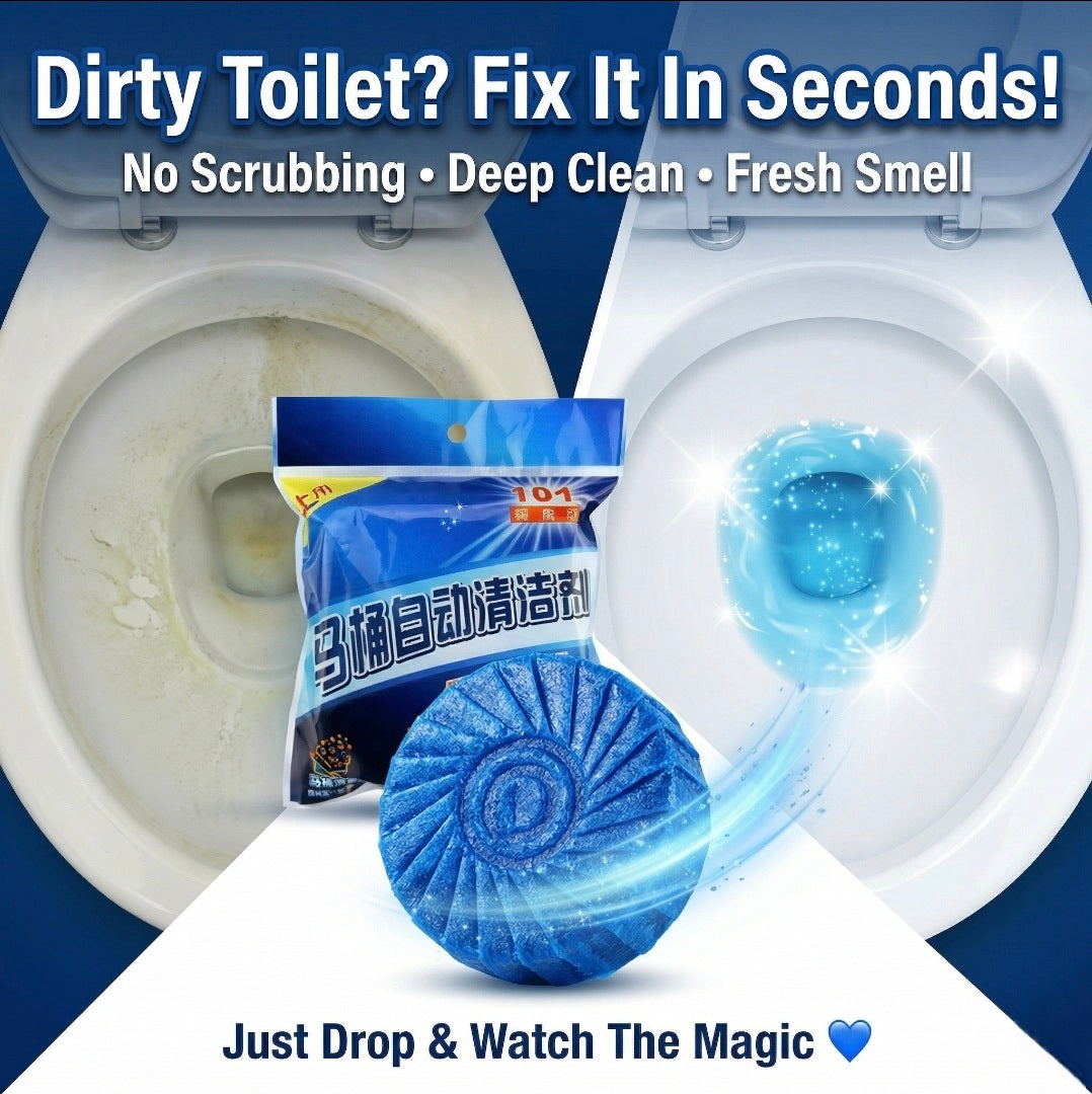 Blue toilet cleaning ball with packaging on a toilet bowl, text promoting quick cleaning.