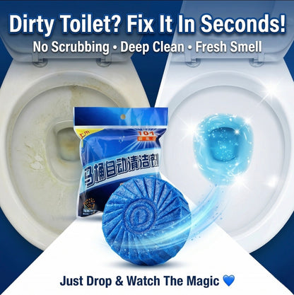 Blue toilet cleaning ball with packaging on a toilet bowl, text promoting quick cleaning.