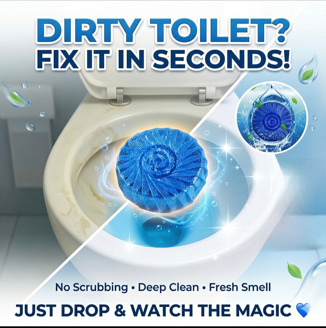 Cleaning product for toilets with text 'Dirty toilet? Fix it in seconds!' on a light blue background.