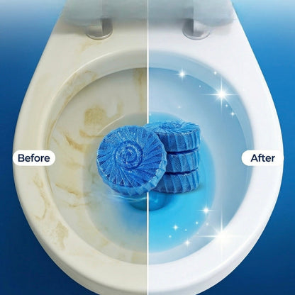 Before and after comparison of a toilet with cleaning product showing cleanliness improvement.