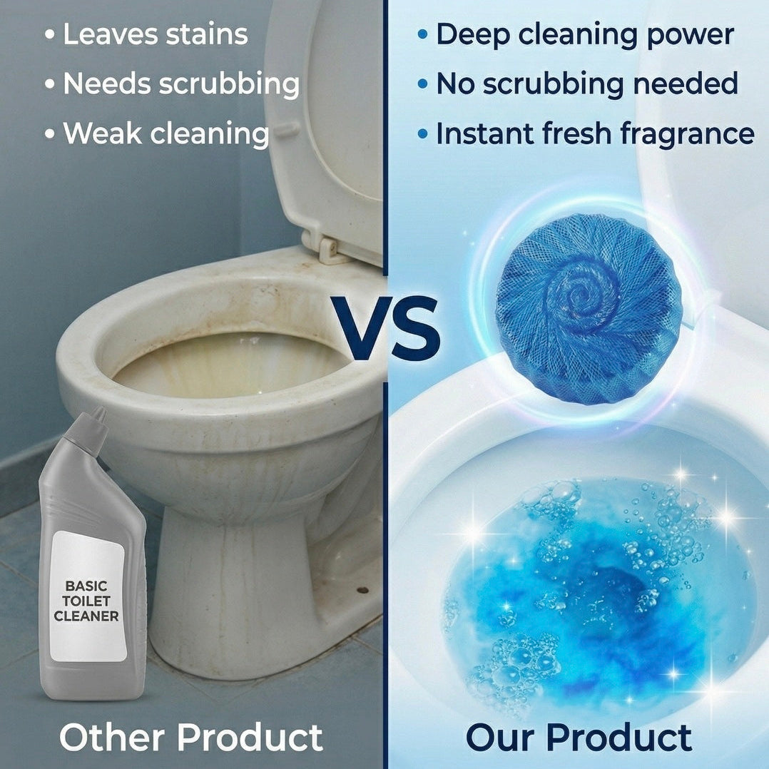 Comparison of a toilet cleaner tablet with text highlighting its benefits.
