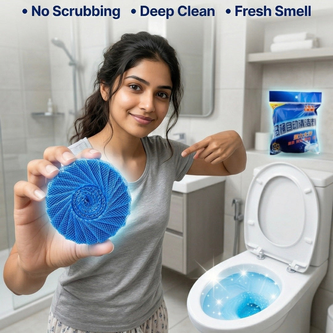 Woman holding a blue cleaning product with a toilet in the background, text about cleaning routine changes.