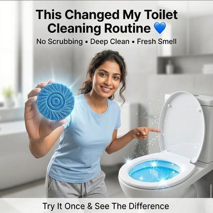 Woman holding a blue cleaning tool with text about toilet cleaning routine changes.
