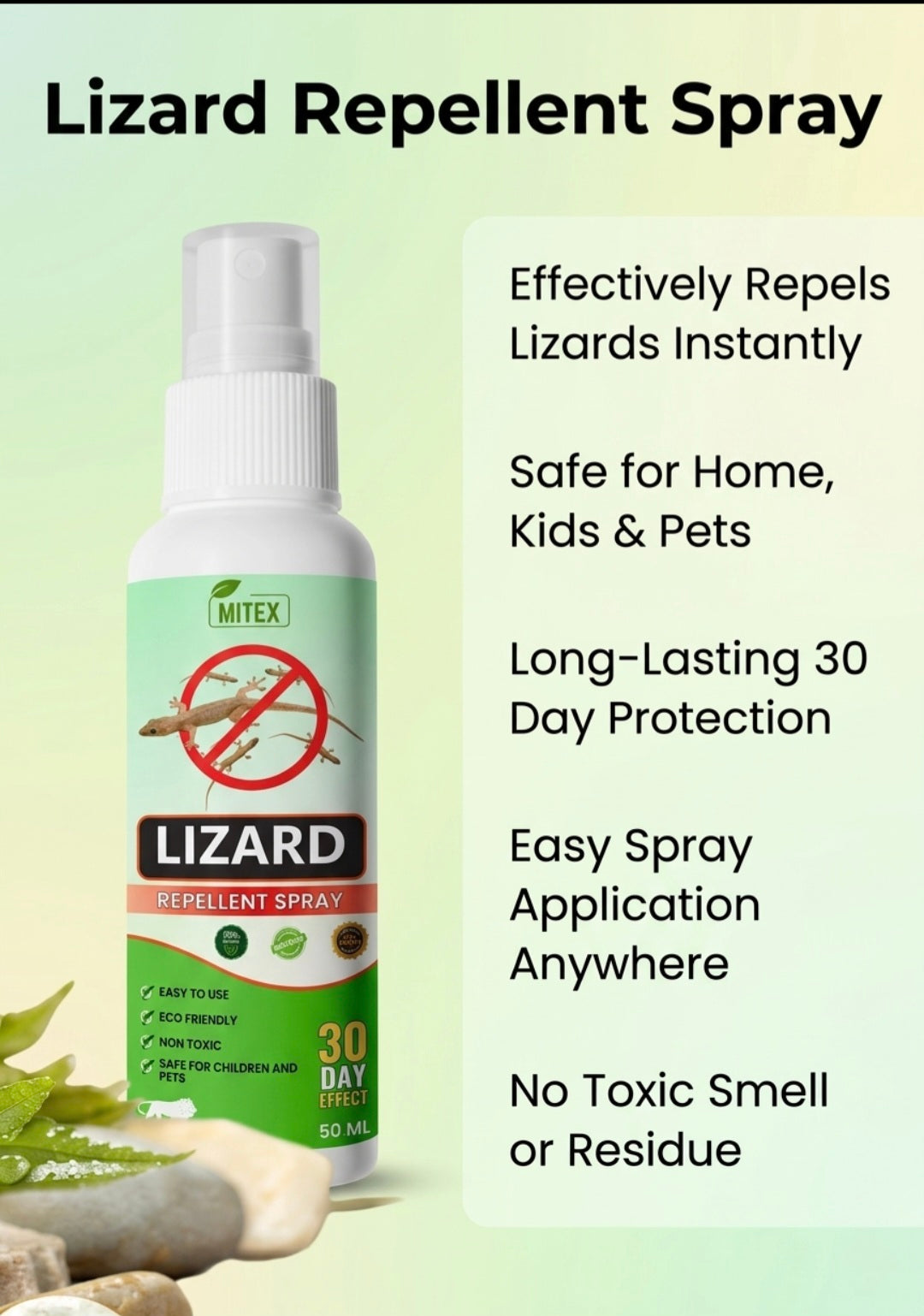 Lizard Repellent Spray bottle with text on a light green background