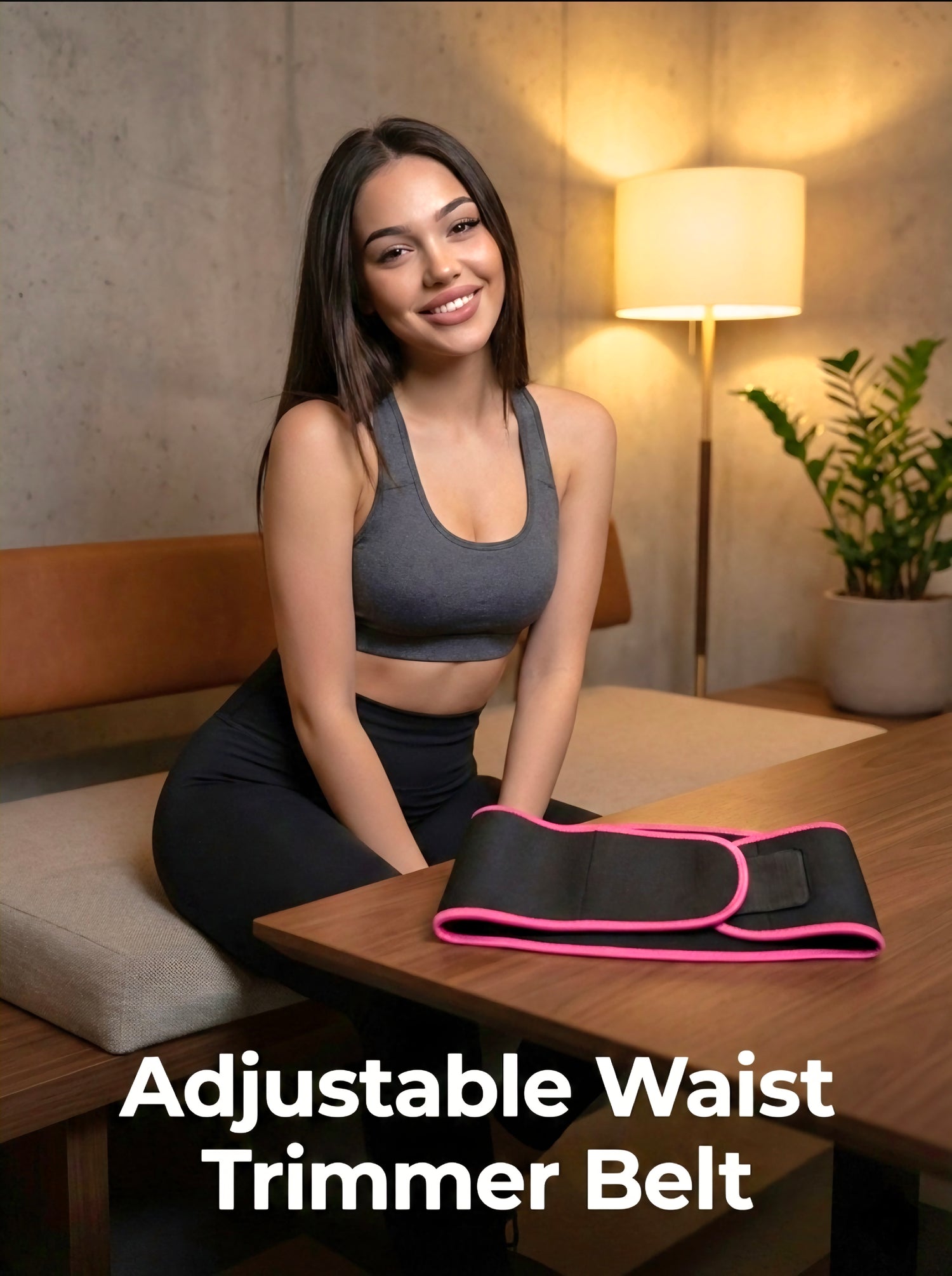 Woman sitting at a table with an adjustable waist trimmer belt in a home setting