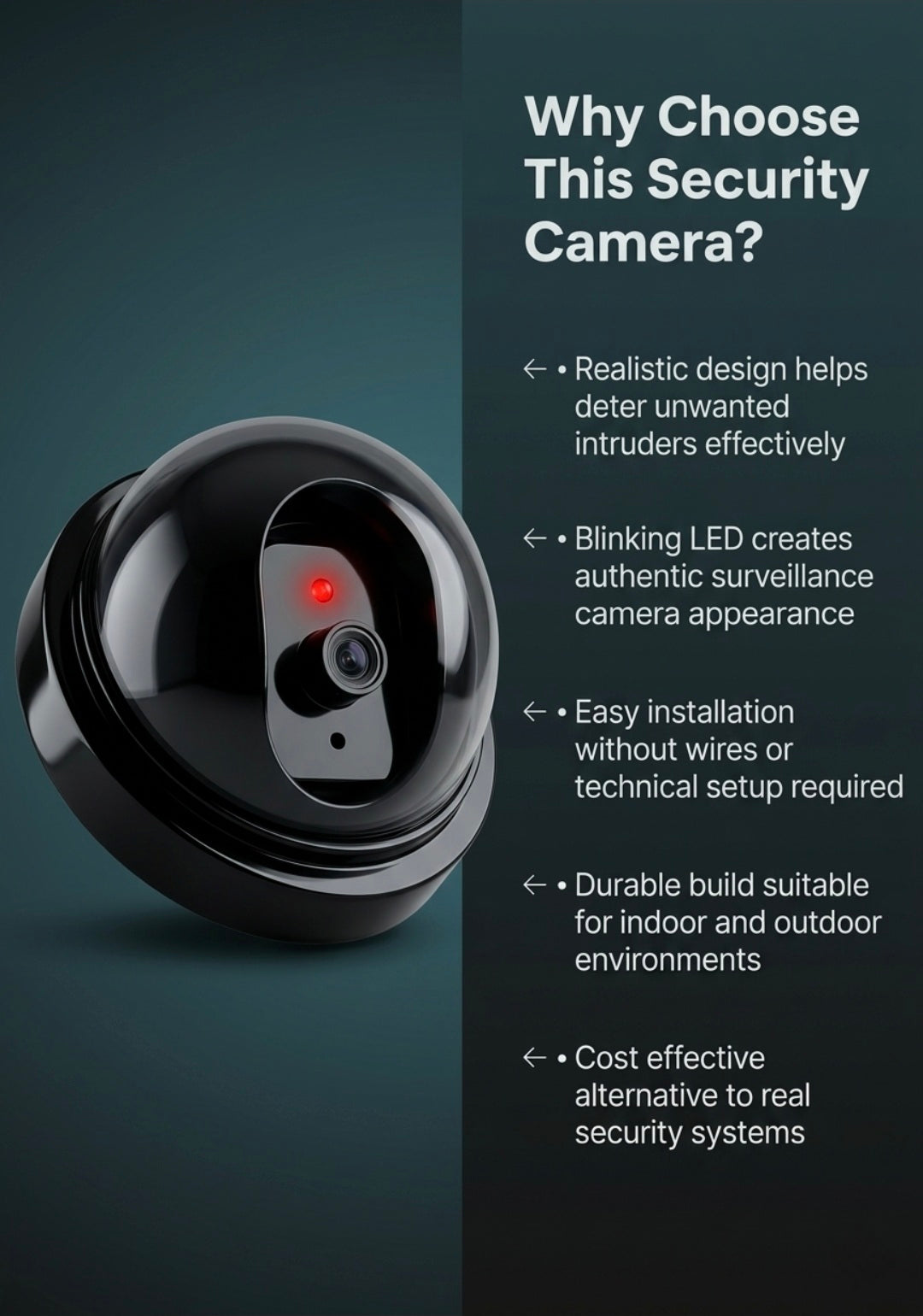 Black security camera with features listed on a dark background