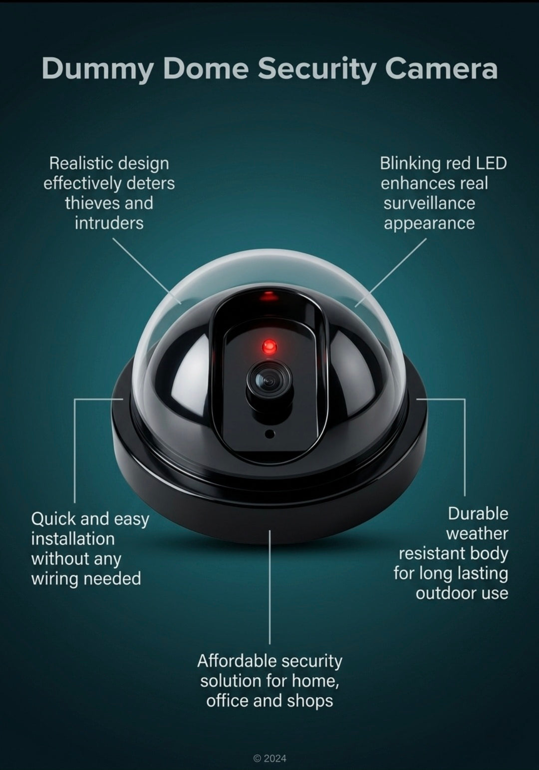 Dummy dome security camera with features highlighted on a dark background