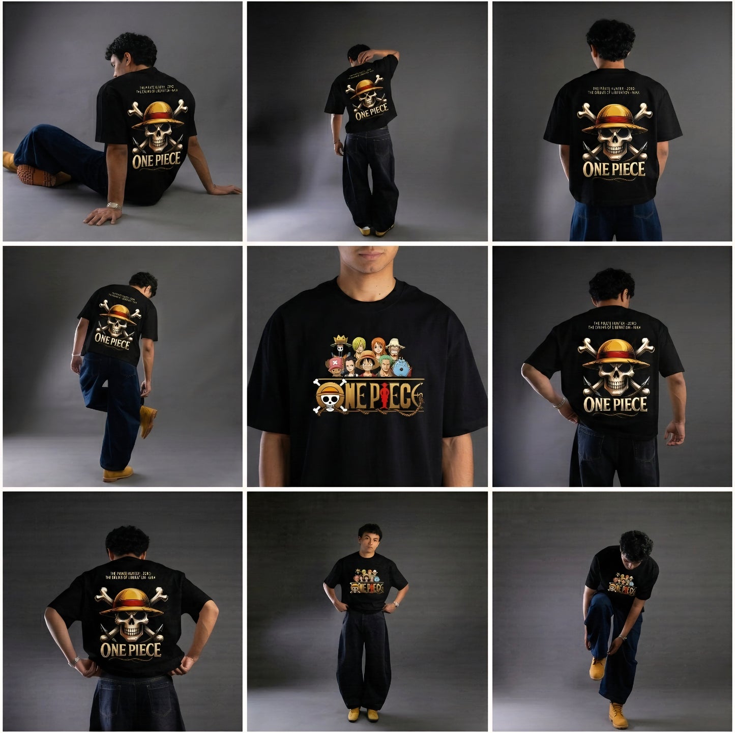 Collage of a person wearing a black 'One Piece' t-shirt with various poses against a dark background.