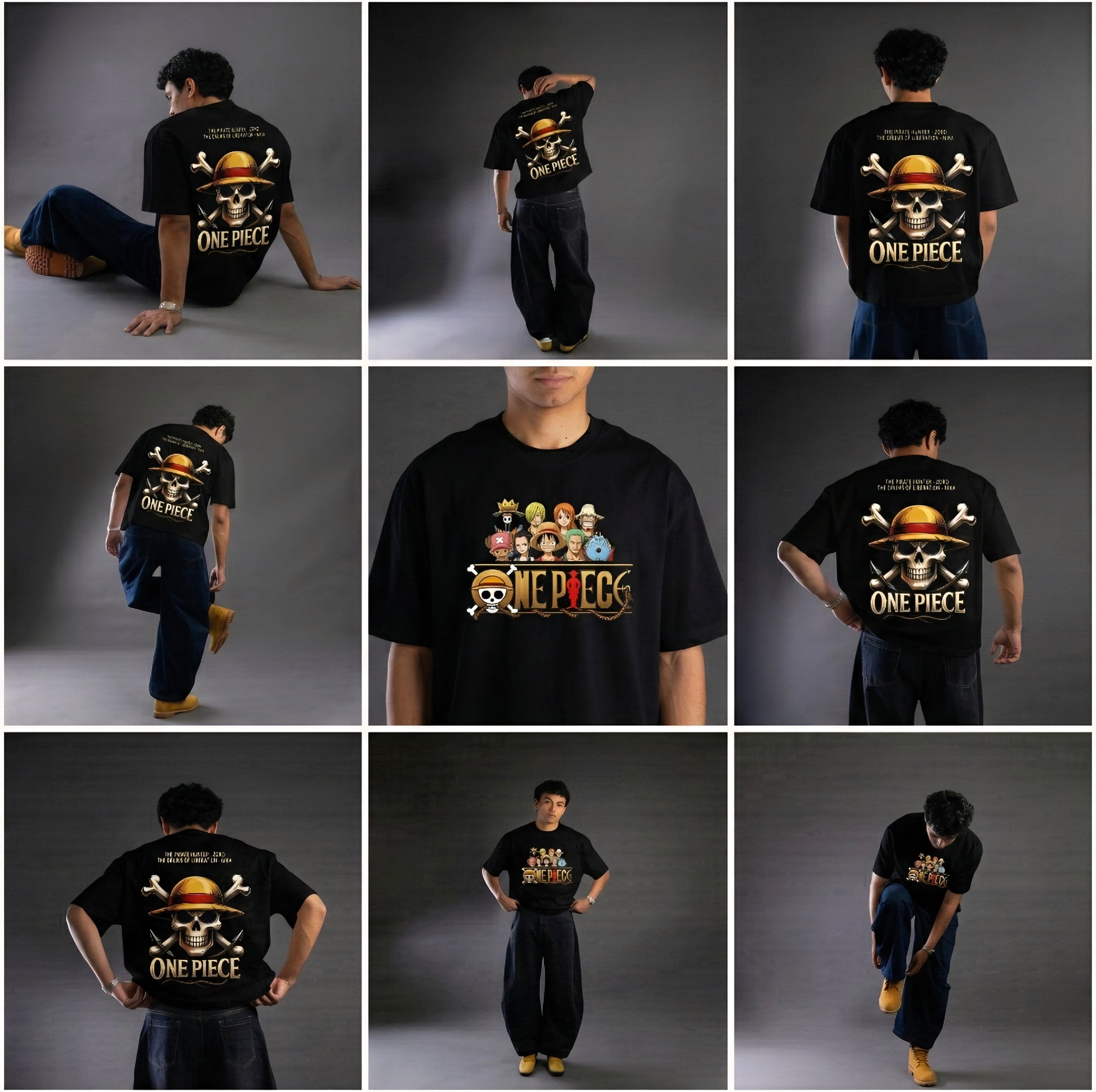 Collage of a person wearing a black 'One Piece' t-shirt with various poses against a dark background.