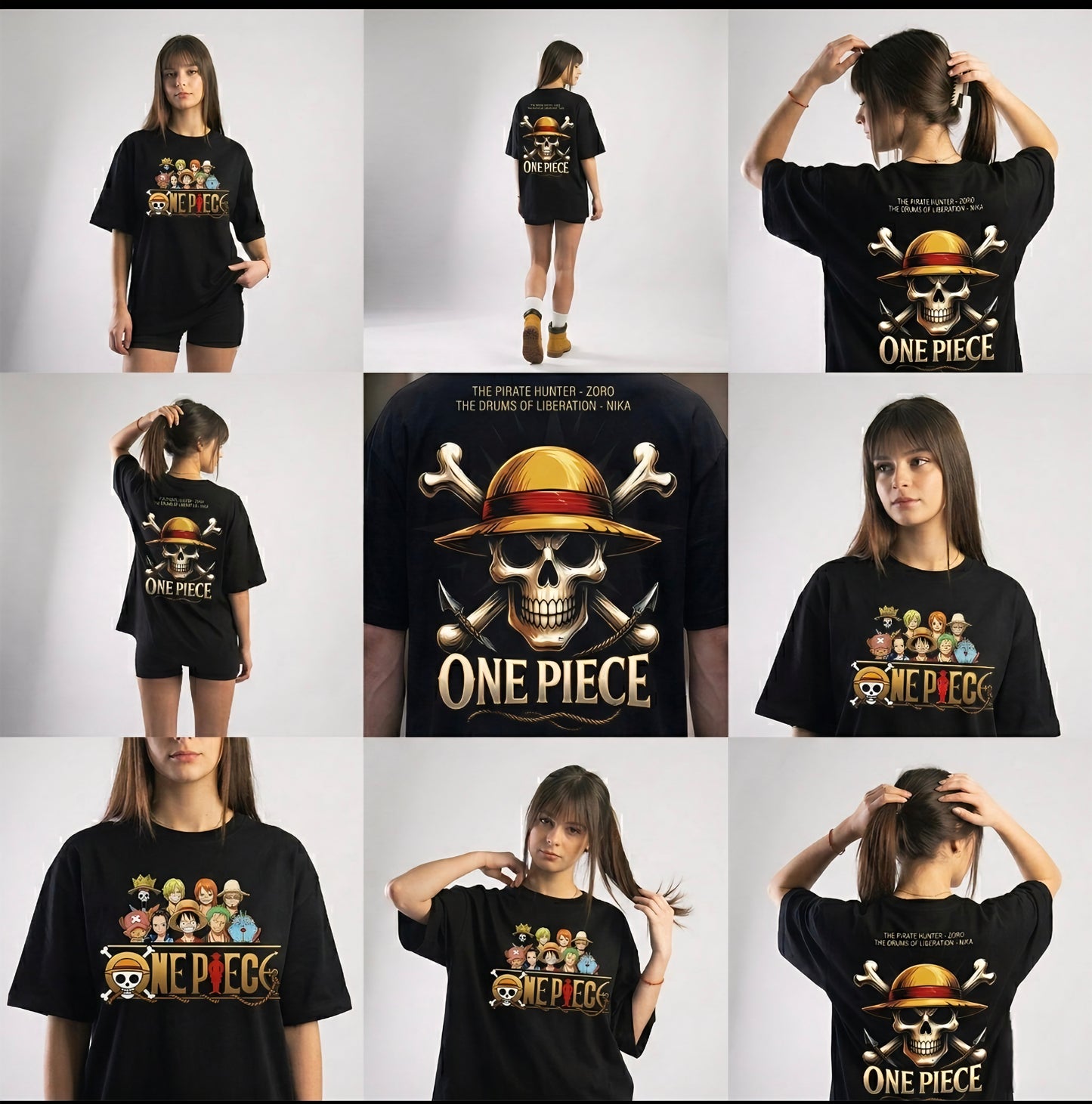 Black t-shirts with 'One Piece' design worn by a model on a white background