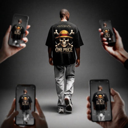 Person wearing a 'One Piece' t-shirt with multiple phone screens showing the same image.