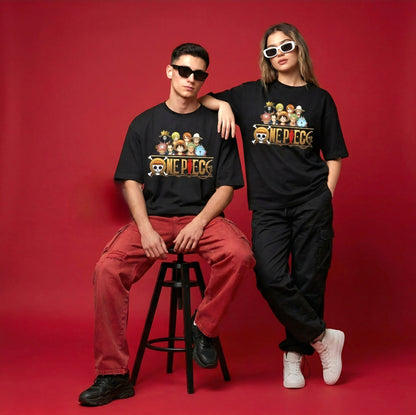 Two people wearing 'One Piece' themed t-shirts on a red background