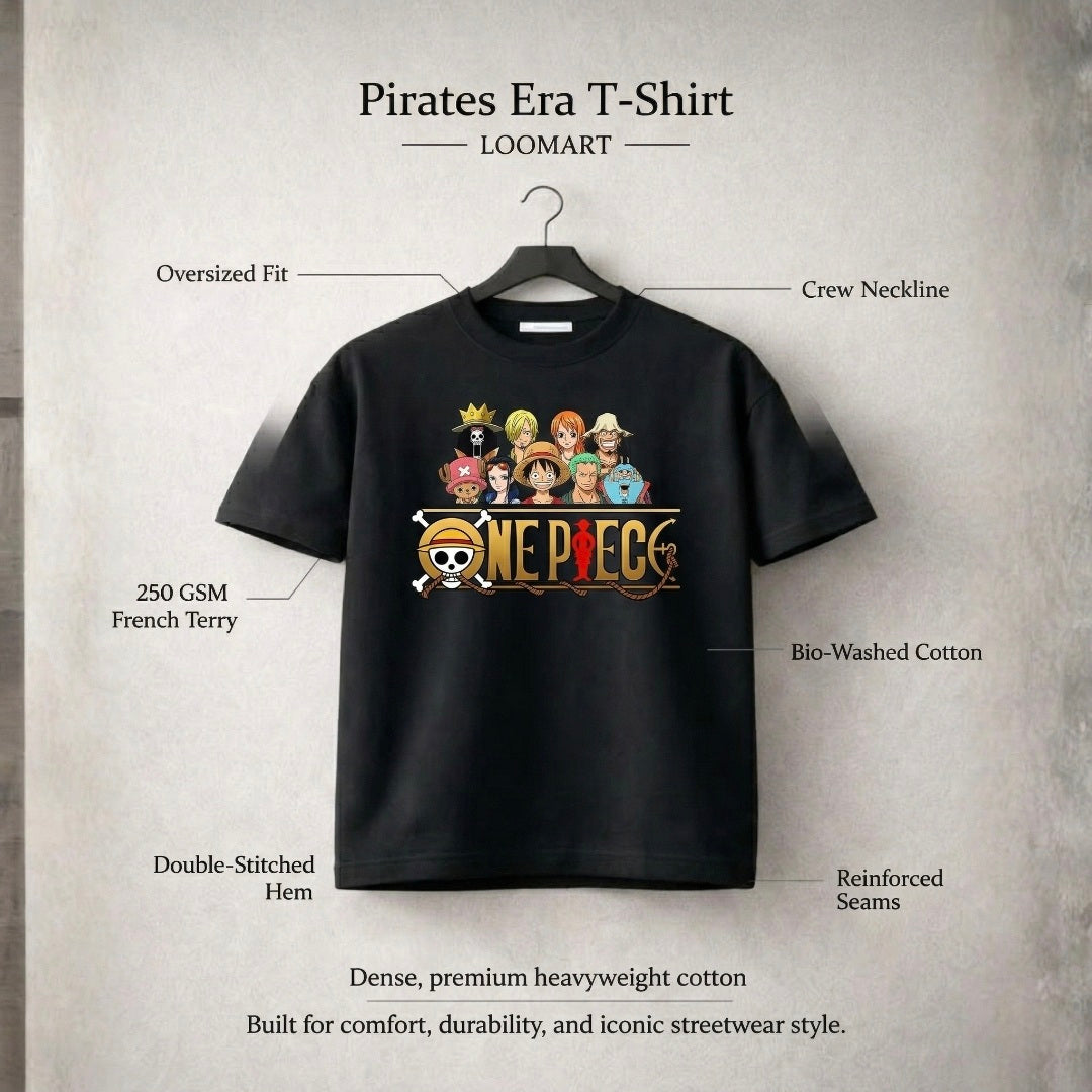 Black t-shirt with 'One Piece' character design on a gray background, featuring text details about the t-shirt.