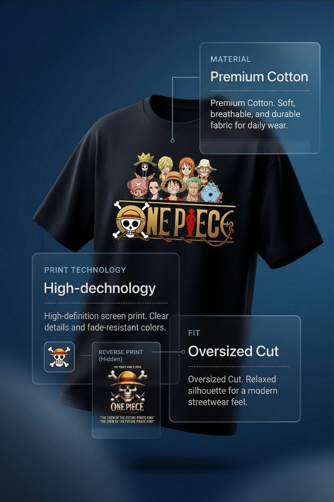 Black t-shirt with 'One Piece' graphic design on a dark blue background