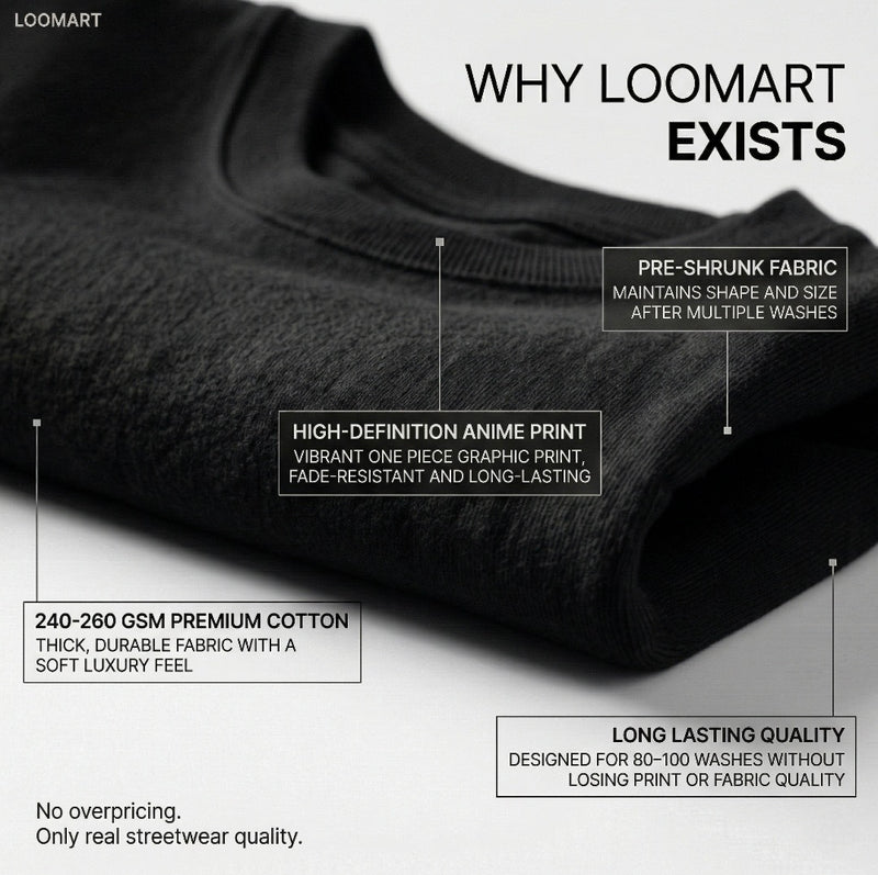 Folded black shirt with text highlighting Loomart's product features on a white background