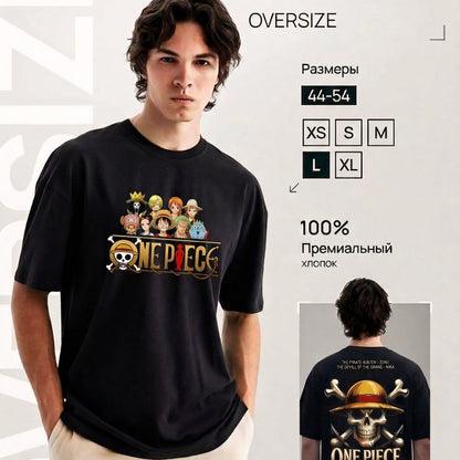 Person wearing a black 'One Piece' t-shirt with character graphics on a white background