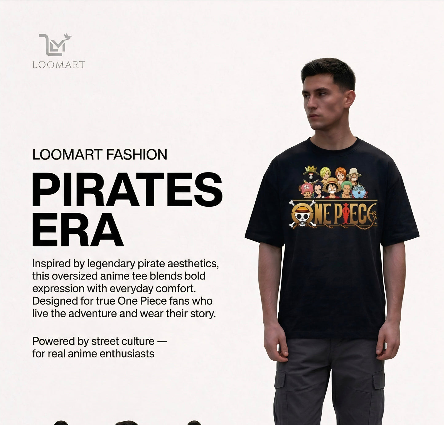 Person wearing a black t-shirt with 'Pirates Era' design, surrounded by four smaller images of the same person wearing the shirt.