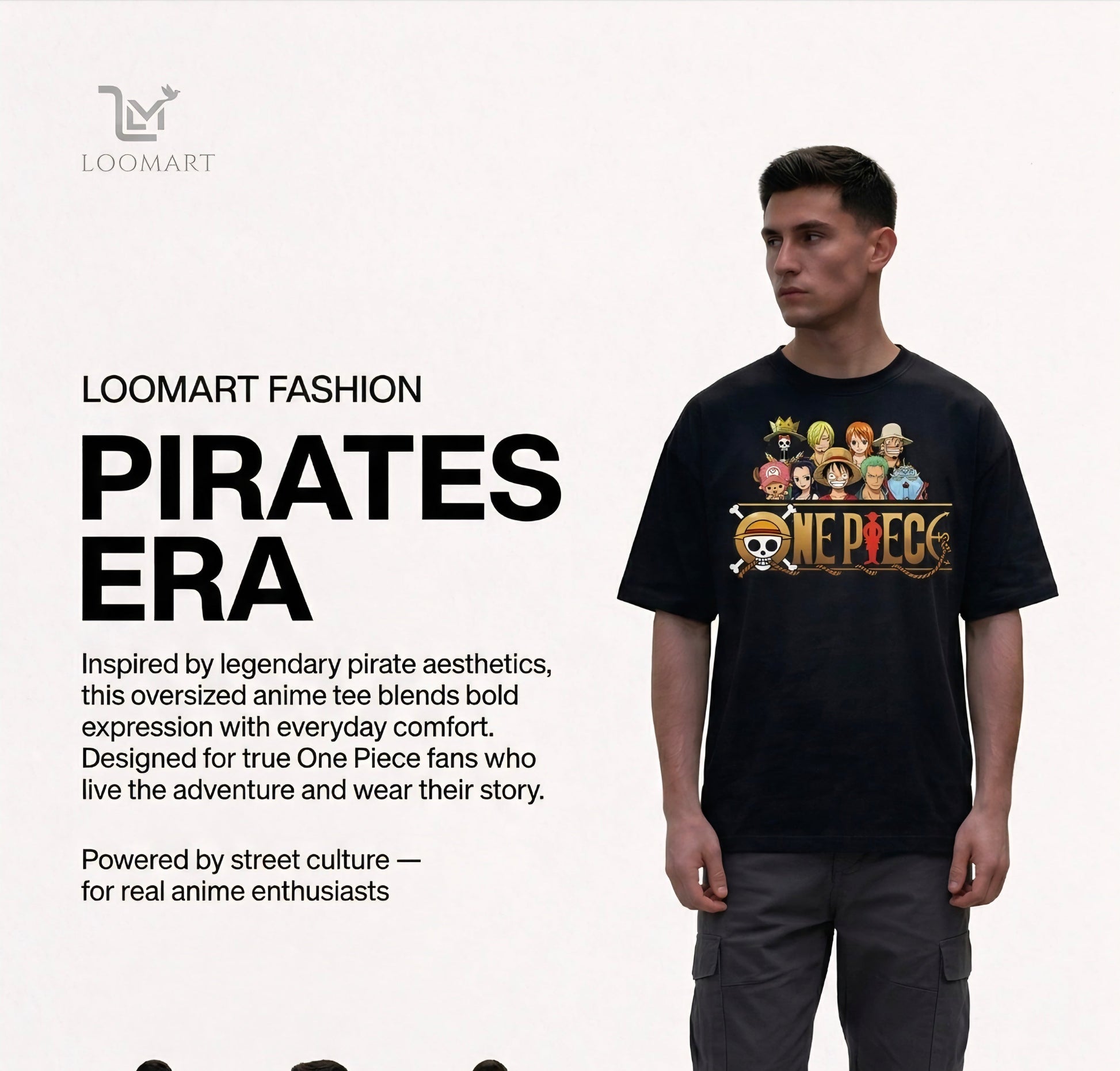 Person wearing a black t-shirt with 'Pirates Era' design, surrounded by four smaller images of the same person wearing the shirt.