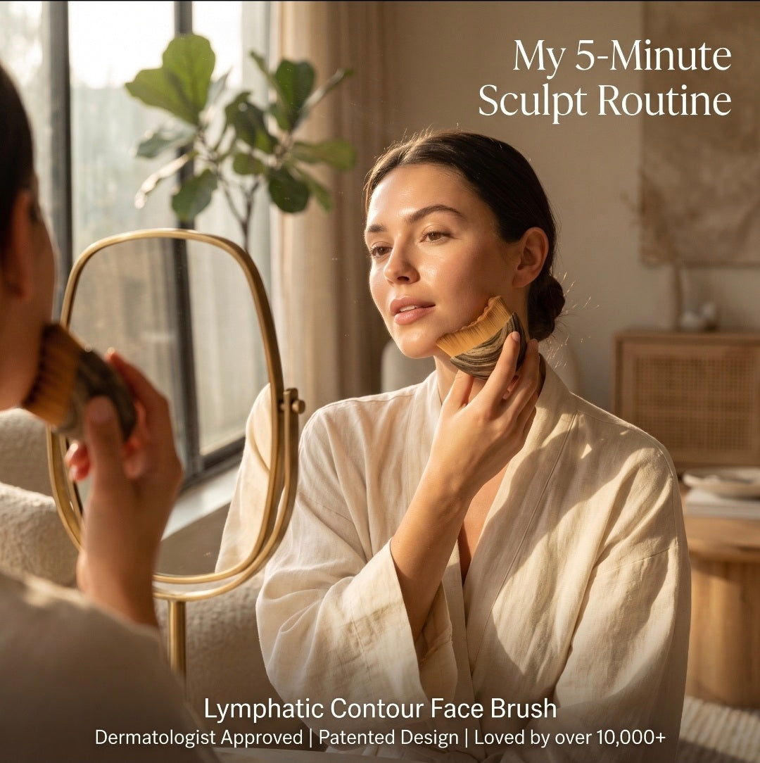 Woman in a robe applying a product to her face with a brush, in a home setting.