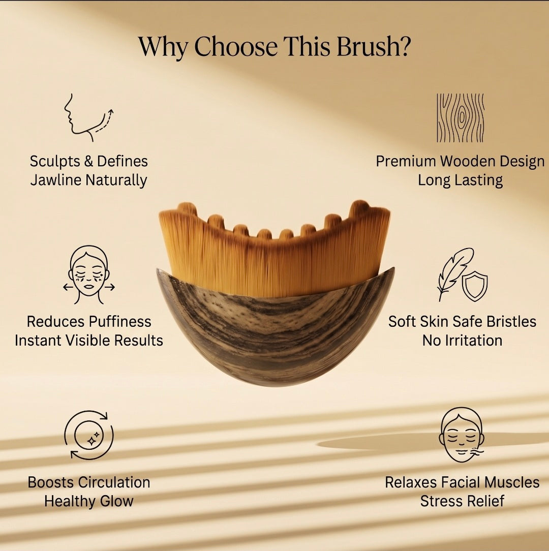 Wooden brush with text highlighting its features on a beige background