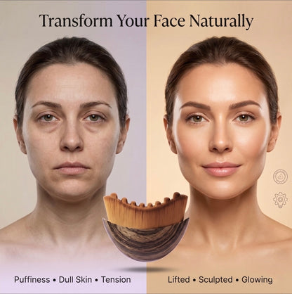 Before and after comparison of a woman's face with text 'Transform Your Face Naturally' and a product in between.