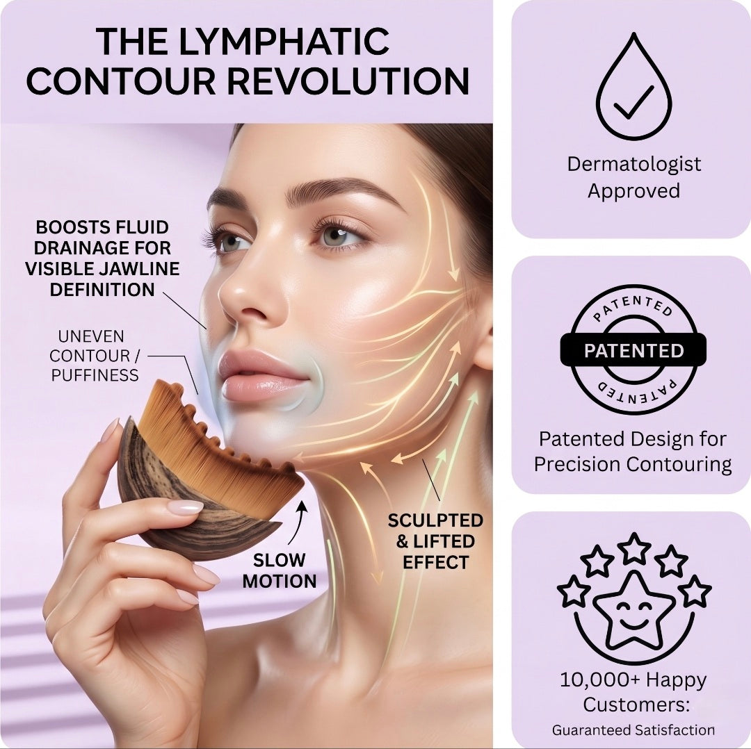 Product advertisement for a lymphatic contouring tool with a woman holding it, showing benefits and features.