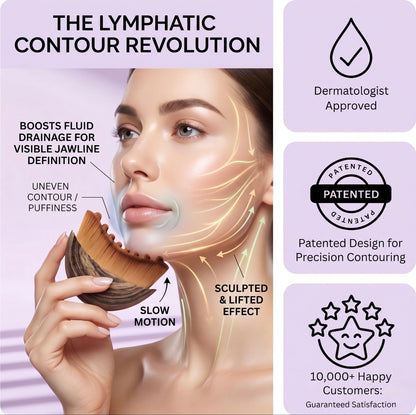 Product advertisement for a lymphatic contouring tool with a woman holding it, showing benefits and features.