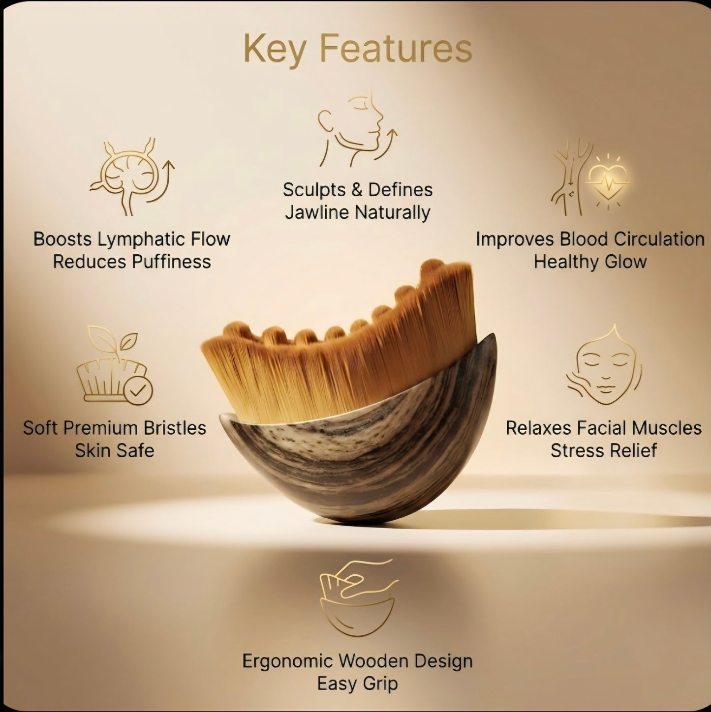 Facial brush with key features listed on a beige background
