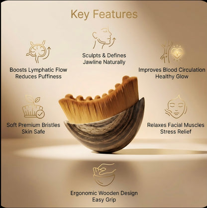 Facial brush with key features listed on a beige background