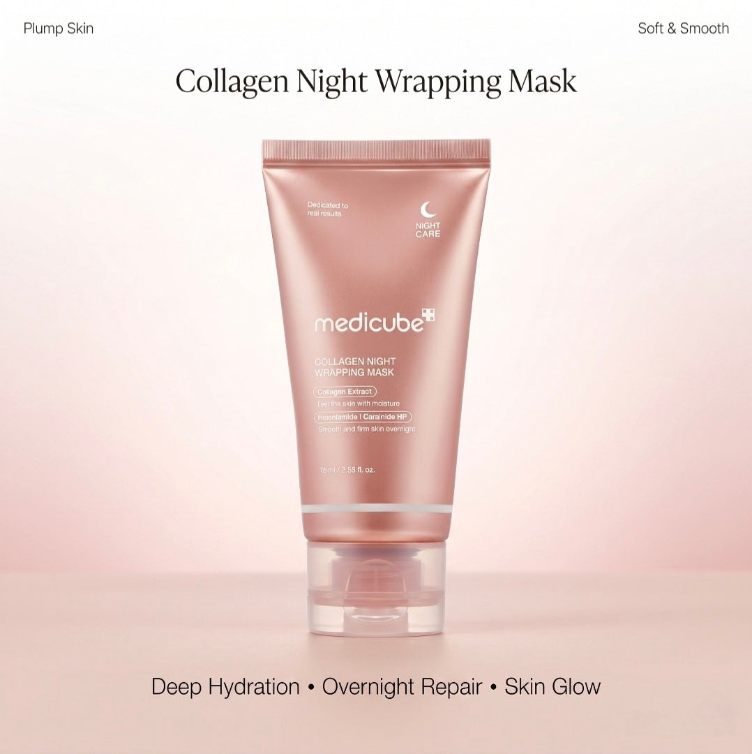 Collagen night wrapping mask by medicube on a light pink background