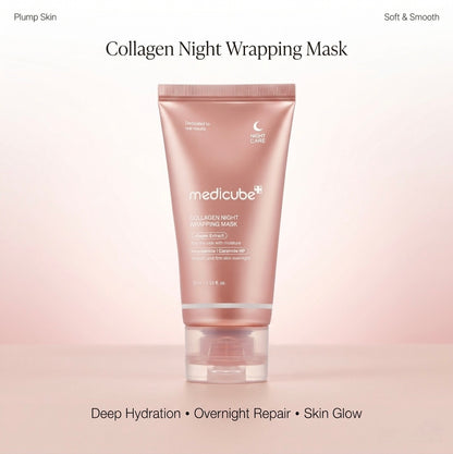 Collagen night wrapping mask by medicube on a light pink background