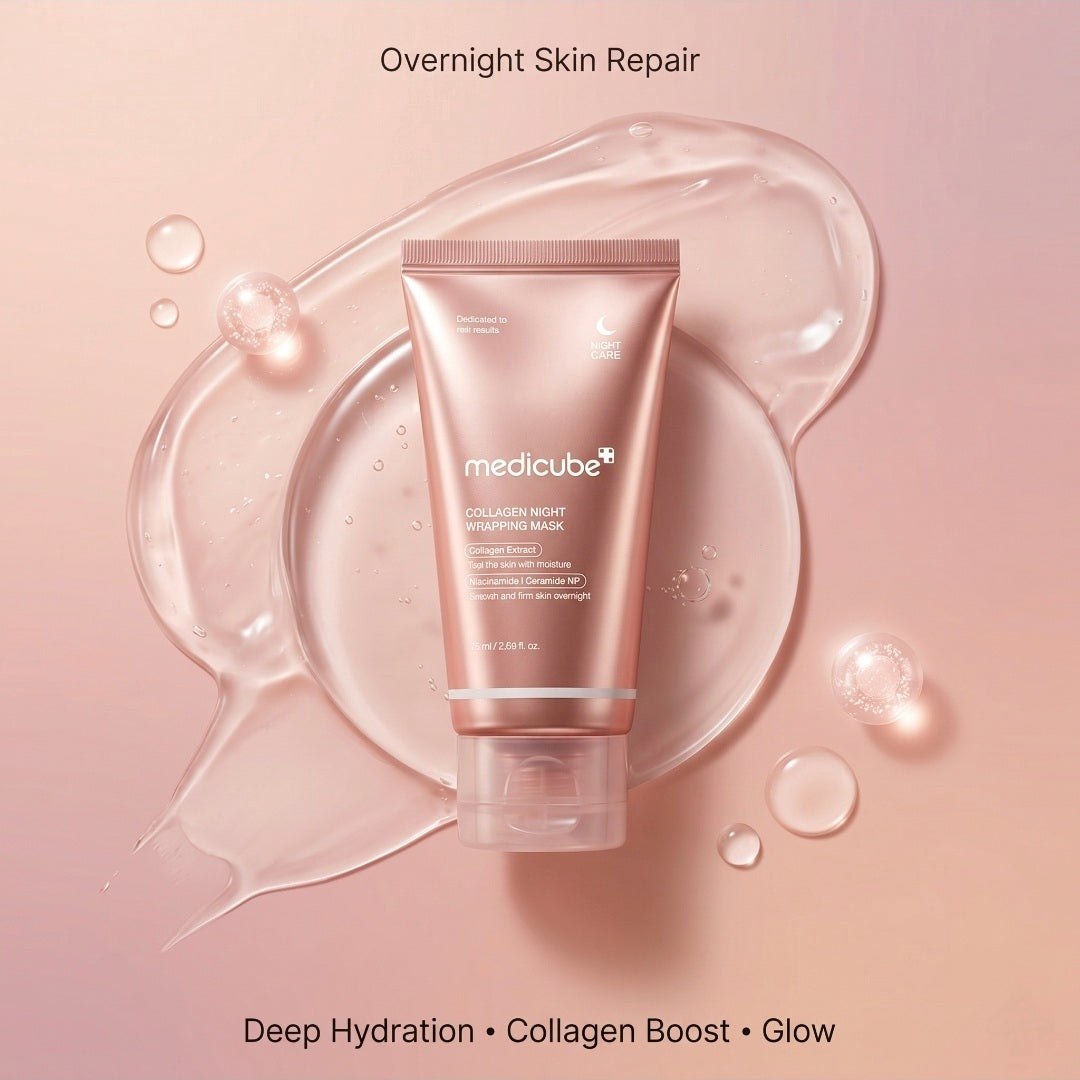 Medicube collagen night sheet mask on a pink background with droplets