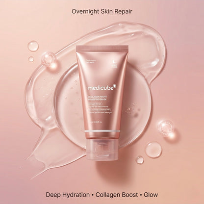 Medicube collagen night sheet mask on a pink background with droplets