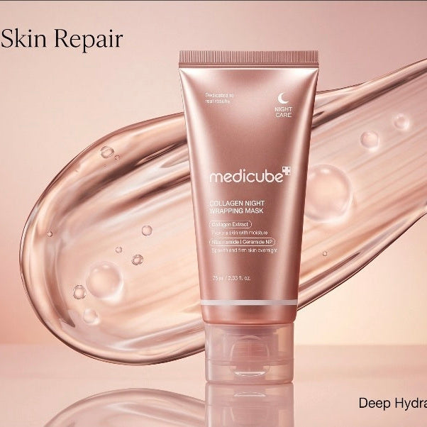 Medicube collagen night wrapping mask tube on a pink background with 'Skin Repair' text.