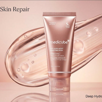 Medicube collagen night wrapping mask tube on a pink background with 'Skin Repair' text.