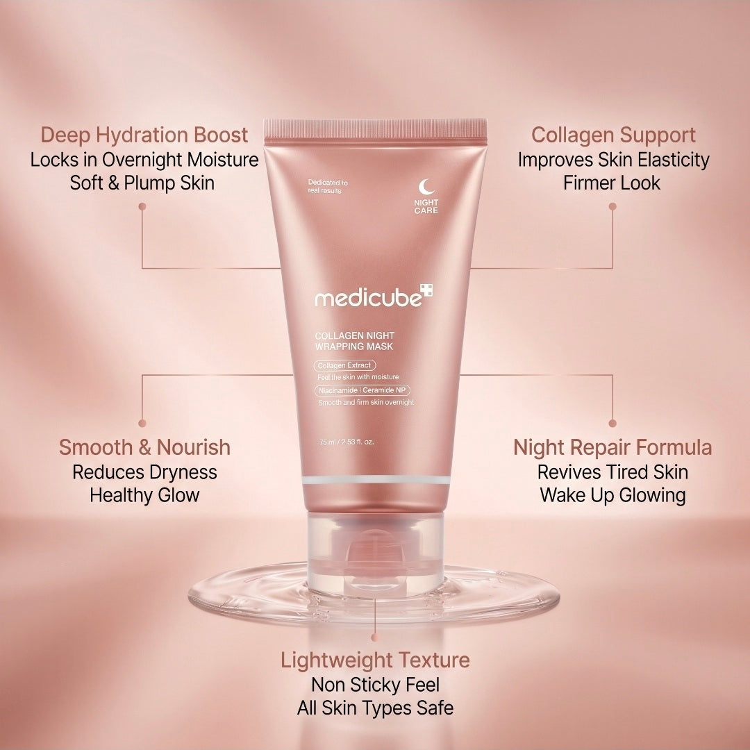 Medicube night repair mask tube with features on a pink background