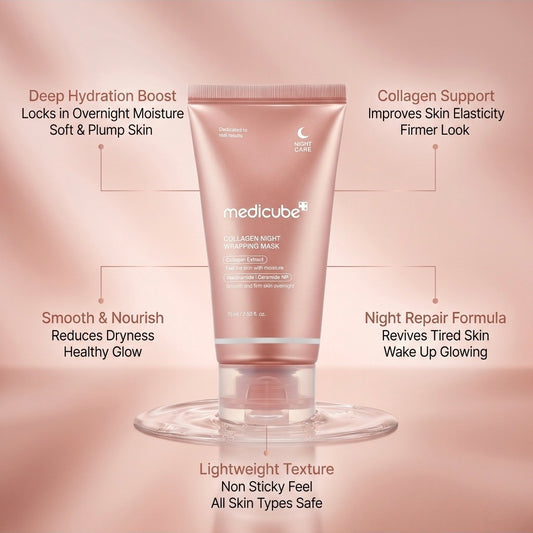 Medicube night repair mask tube with features on a pink background