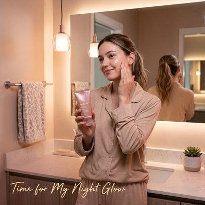 Woman applying cream to her face in a bathroom with 'Time for My Night Glow' text.