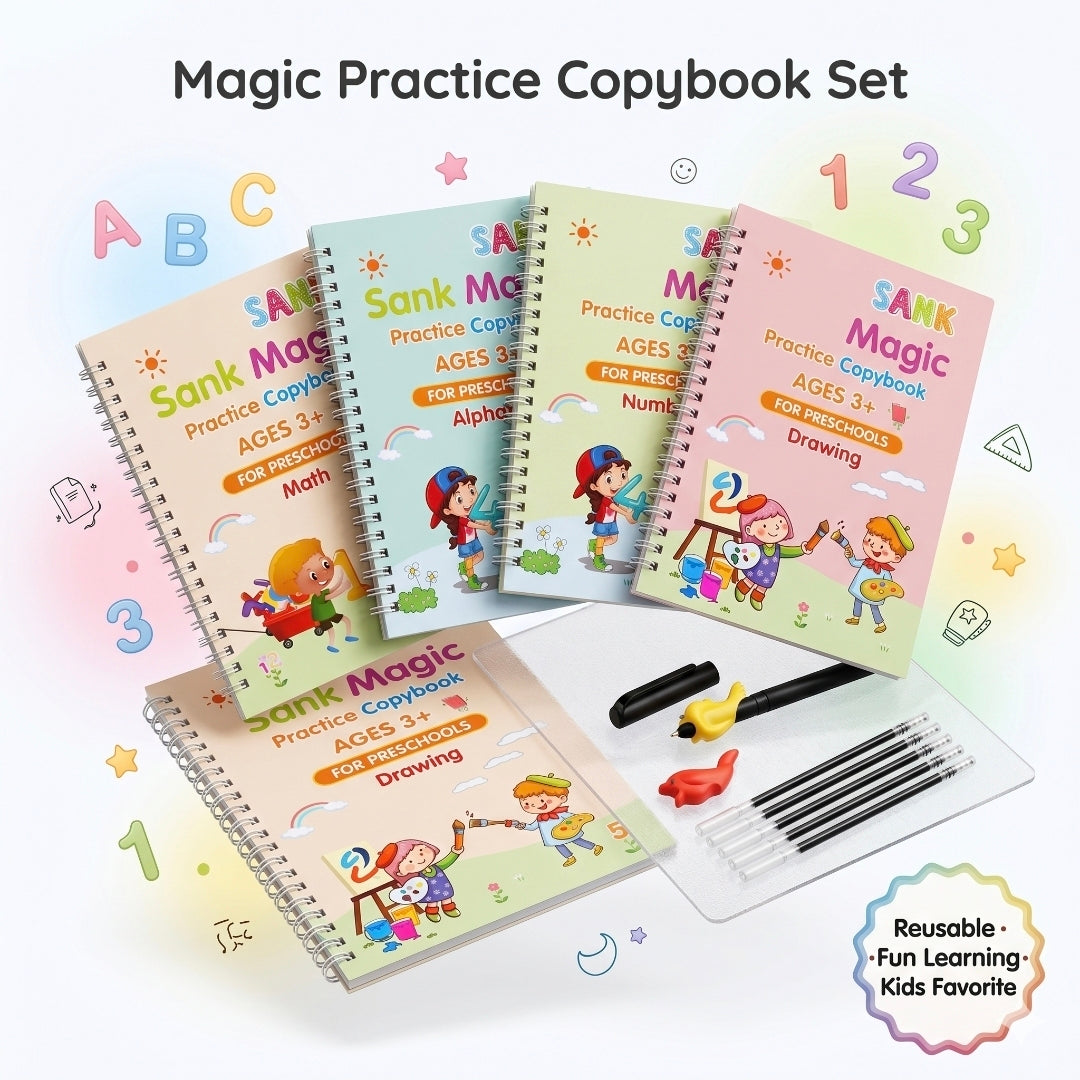 Set of Magic Practice Copybook with colorful covers and writing utensils on a white background