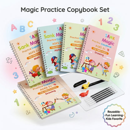 Set of Magic Practice Copybook with colorful covers and writing utensils on a white background